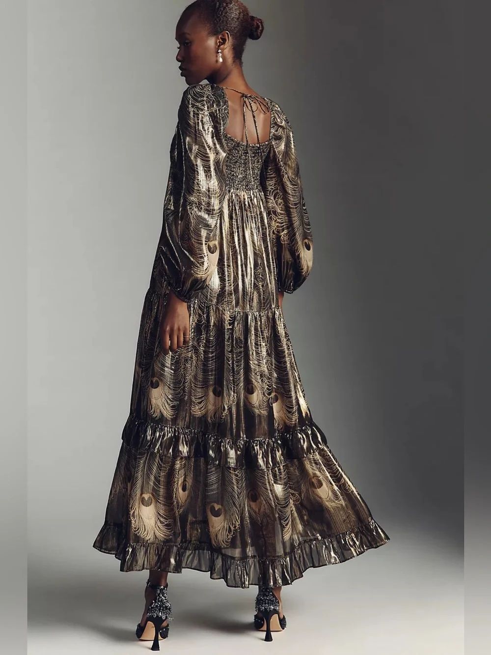 Anthropologie Long-Sleeve Metallic Babydoll Midi Dress